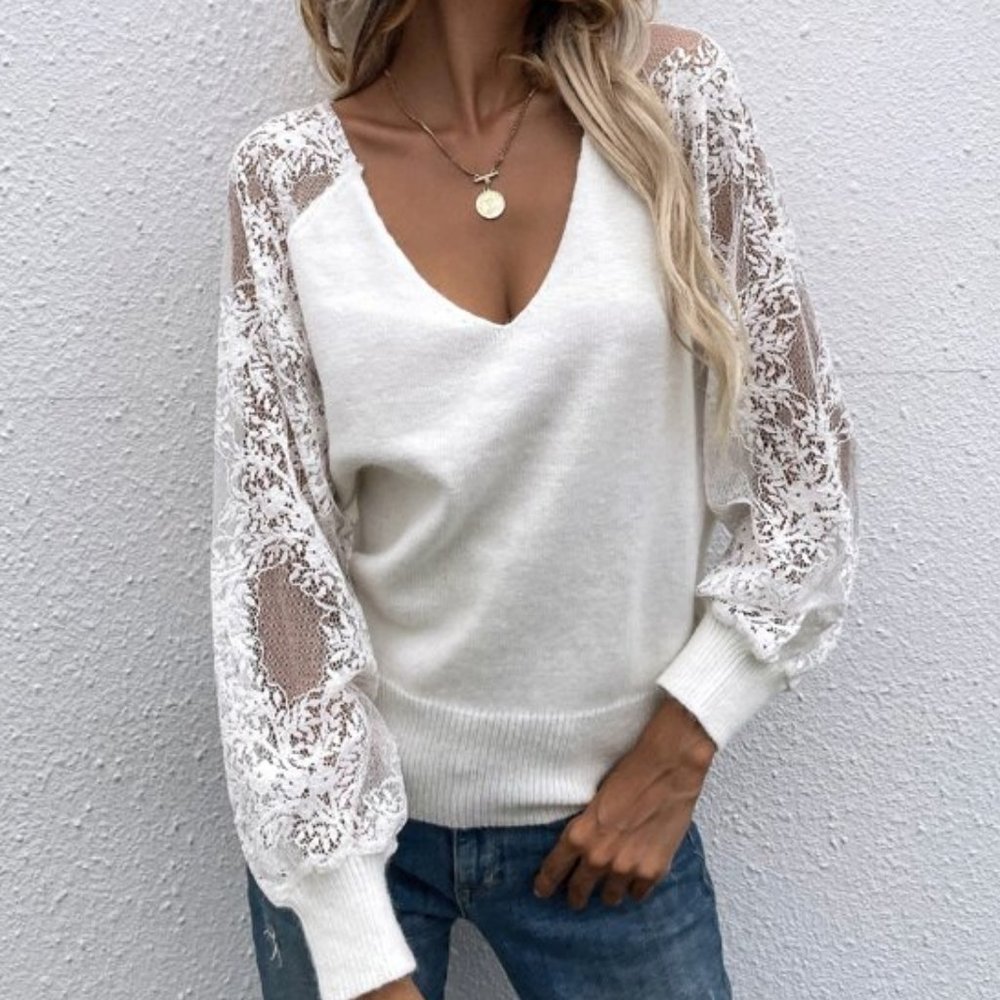 Chic Dollz Lace Detailed Raglan Sleeve Sweater Top - Picture 4 of 5